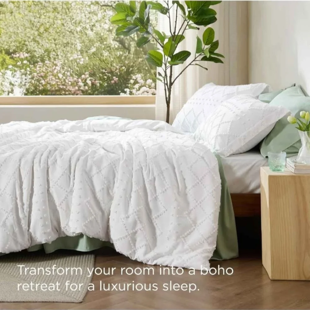 Bedsure Boho Duvet Cover Queen Size - White Breathable & Soft Boho Bedding, Mach
